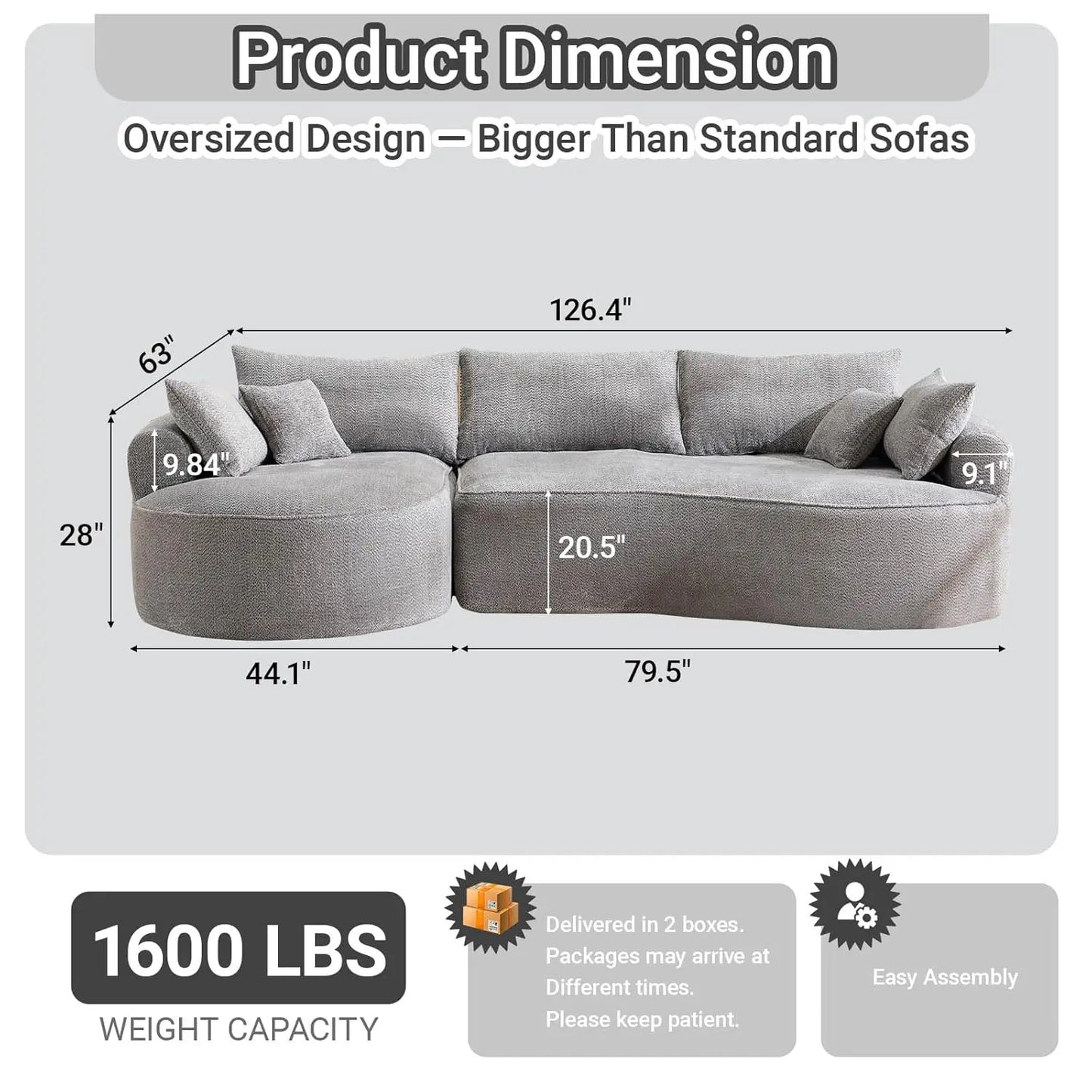 126.4 Inch Oversized L Shaped Boneless Sofa With Deep Seat And 7 Pillows