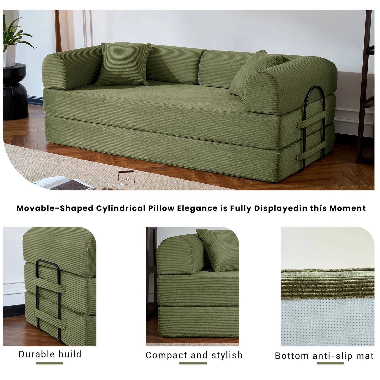 79 Inch Folding Sofa Bed Corduroy Upholstered Loveseat Sleeper For Living Room