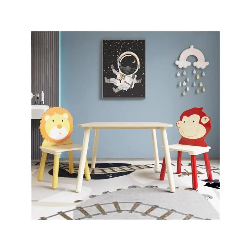 3-Piece Kids Table and Chairs Set, Wooden Play Activity Furniture for Toddlers (Lion & Monkey Design)