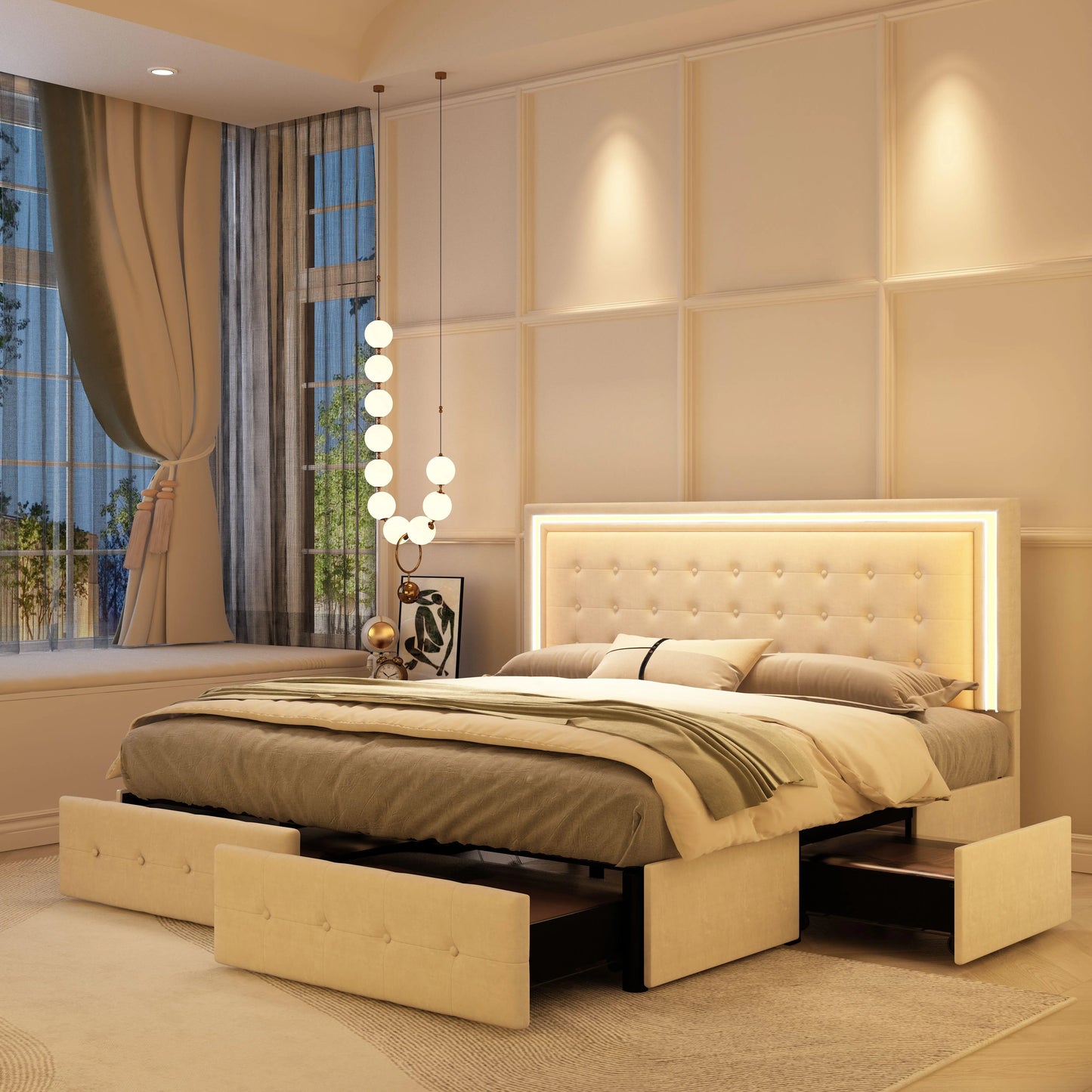 GEGOFORU Queen LED Bed Frame 4 Storage Drawers RGBW Headboard PU Upholstered