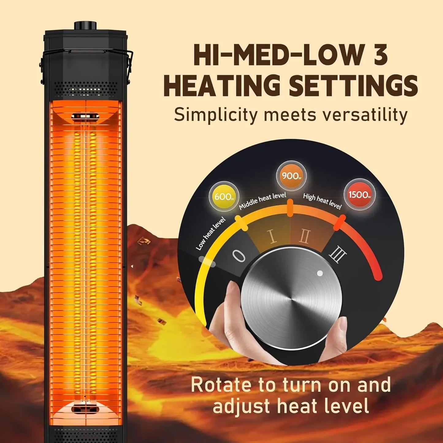 Outdoor Electric Patio Heater 34In 1500W 3 Heat Levels IPX5