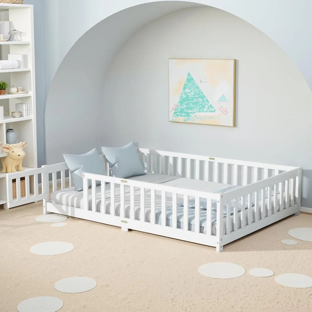 Full Size Floor Bed, Toddler Floor Bed Frame with High Guardrails, Solid Wood Montessori Beds Full with Support Slats, Fence and