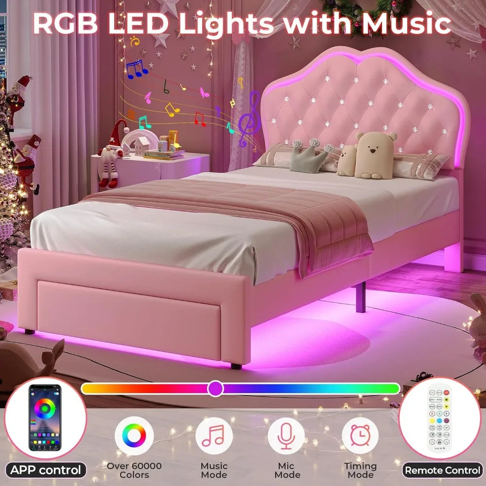 Twin Size Pink Upholstered Bed For Girls With Adjustable Headboard And LED Lights