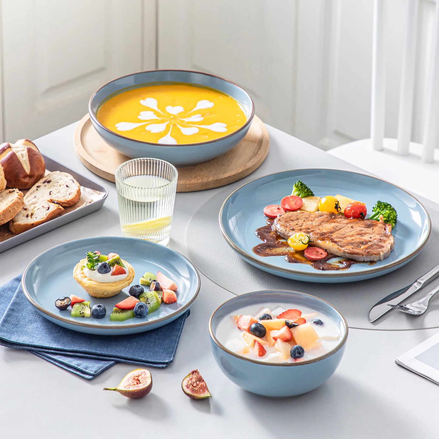 VANCASSO NYMPH 16/32 Piece Ceramic Glaze Tableware Set with Dinner/Dessert/Soup Plate/Bowl  For 4/8 Person 4 Color Optional
