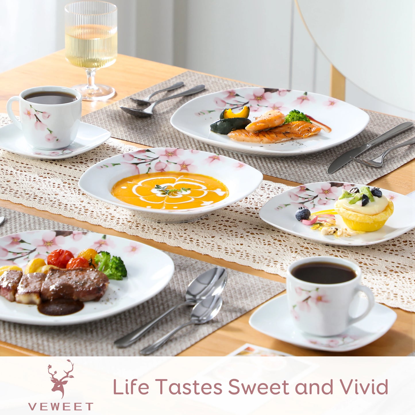 Veweet Annie 30 Piece Porcelain Dinnerware Set Floral Pink Service For 6
