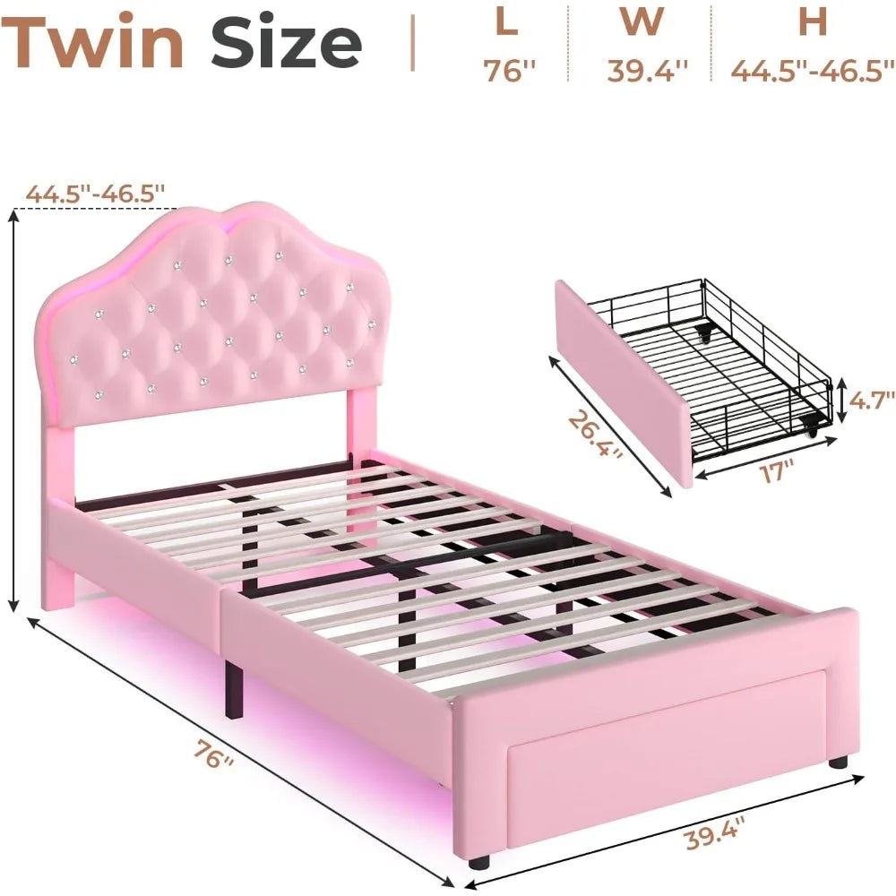 Twin Size Pink Upholstered Bed For Girls With Adjustable Headboard And LED Lights