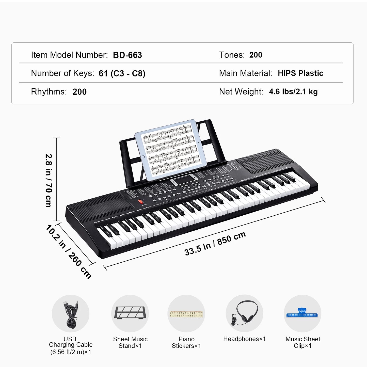 SucceBuy 61 Key Digital Keyboard Piano Portable 200 Tones 200 Rhythms