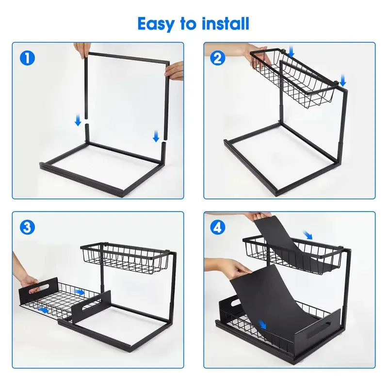 Double Layer Sliding Rail Under Sink Storage Rack For Bathroom And Kitchen