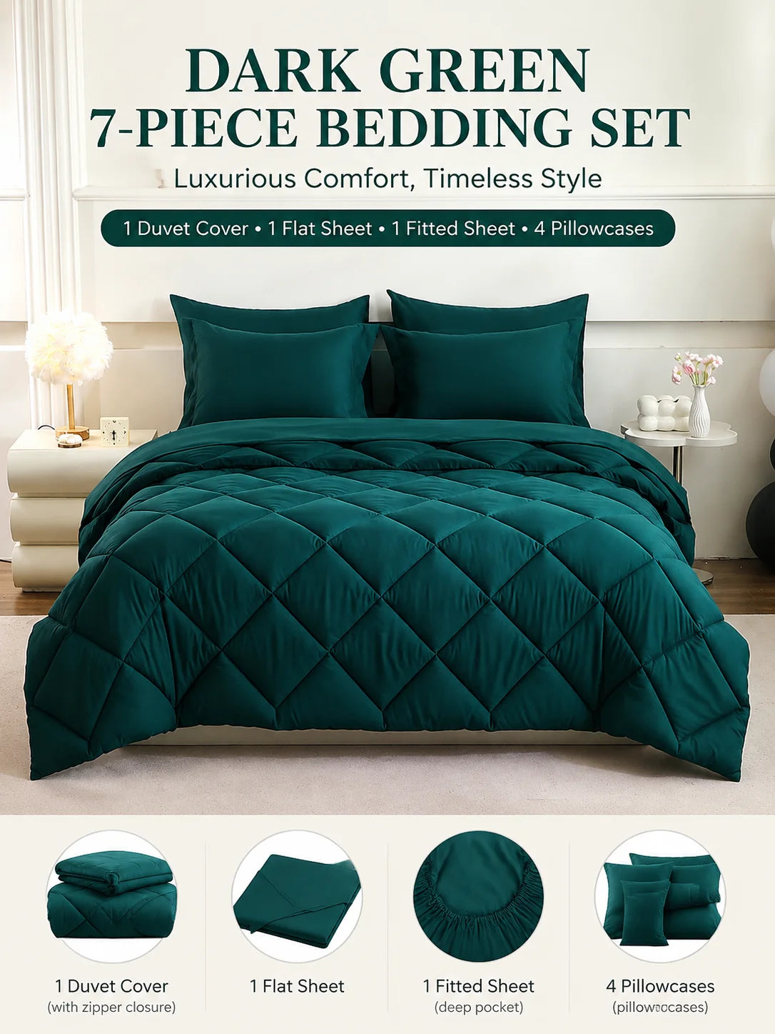 7 Pcs Twin Full Queen King Bedding Set Polyester Comforter Sheets Pillowcases