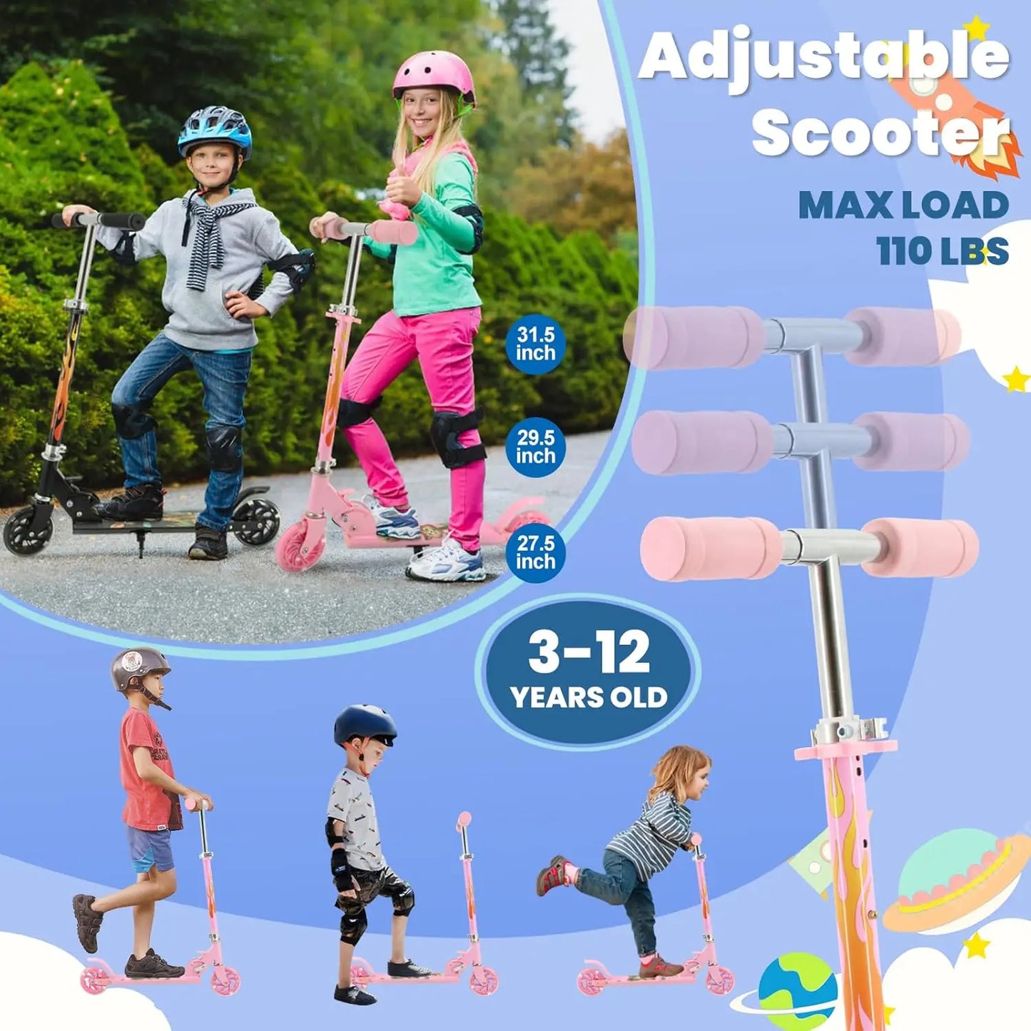 Easy Folding Kids Scooter With 3 Level Height Adjustment For Ages 3 To 12