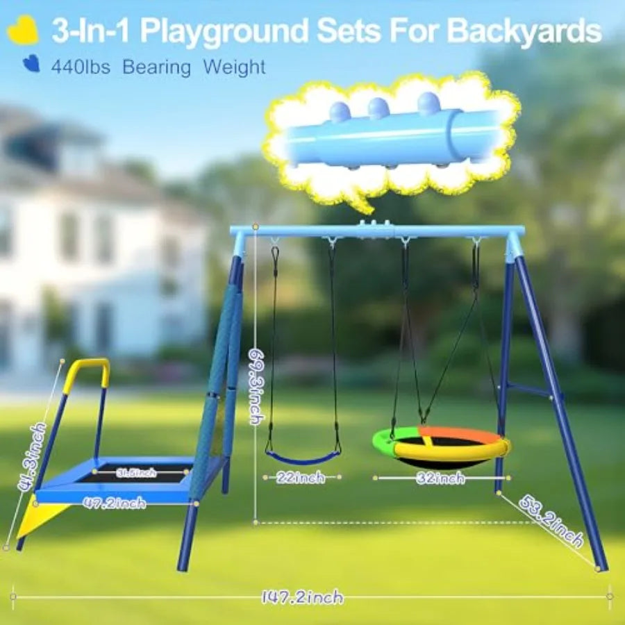 440lbs Swing Set 3in1 Outdoor Playground with Saucer Swing Belt Seat and 4ft Trampoline Heavy Duty AFrame Metal Stand and Safet