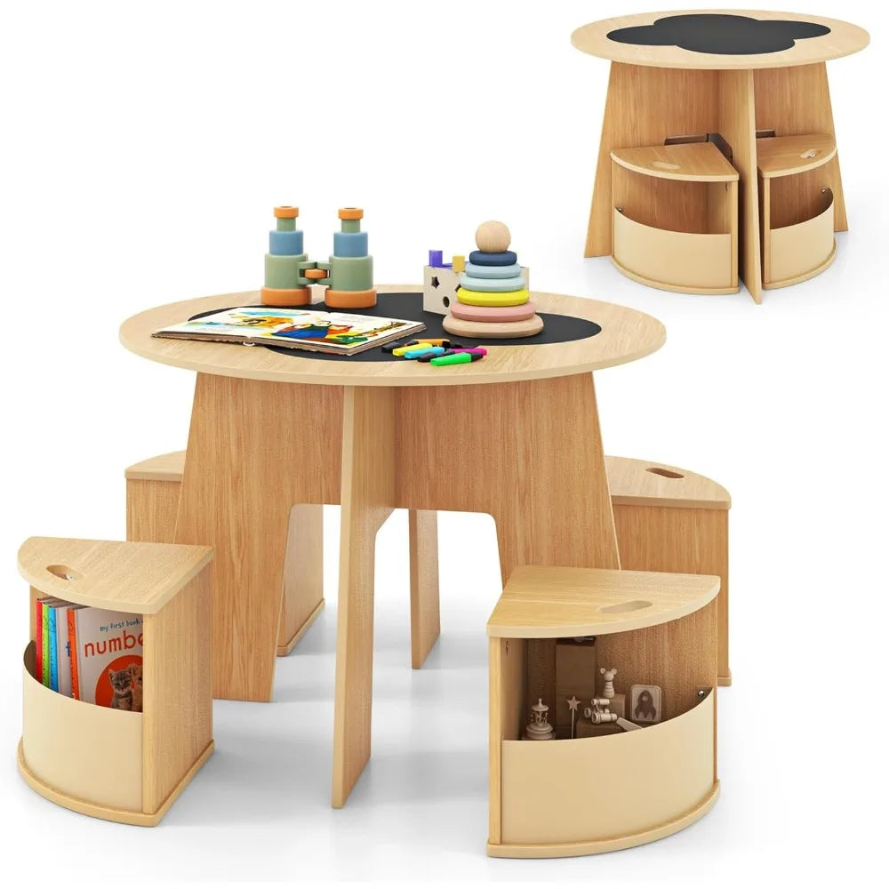 Toddler Table and Chair Set with 4 Storage Stools, Wooden Flower Shaped Nesting Table with Blackboard Drawers,