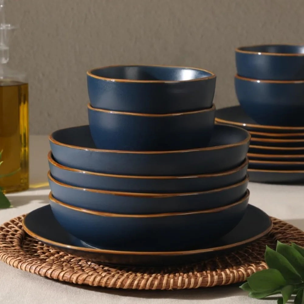 Hazeltine 16 Piece Stoneware Ceramic Dinnerware Set Navy Blue Plates And Bowls