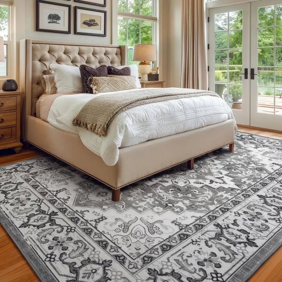 8x10 Area Rug Boho Floral Medallion Vintage Faux Wool Low Pile Machine Washable