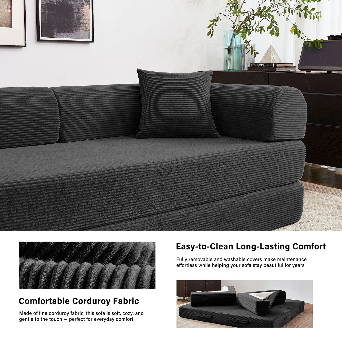 79 Inch Foldable Convertible Futon Sofa Bed With L Shaped Armrests