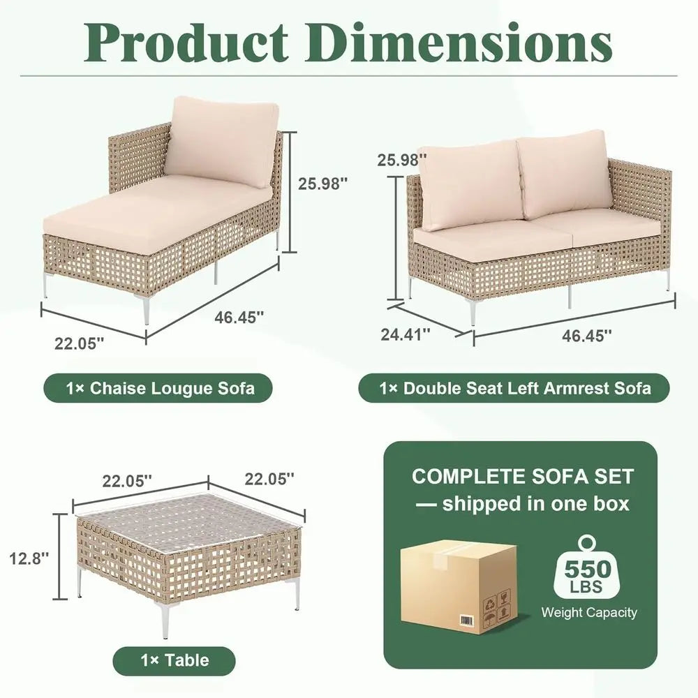 All-Weather Outdoor Furniture Set: 3pc Rattan Sofa with Cushions, Glass Table for Garden & Poolside