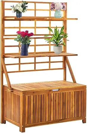 Outdoor Storage Box with Integrated Trellis, Solid Acacia Wood, Adjustable Shelves for Plants and Flowers, 39" x 21.7" x 63"