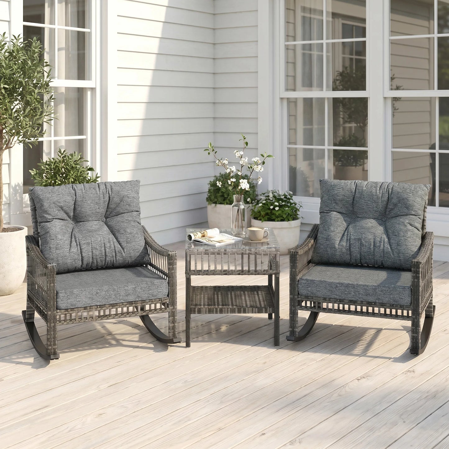 3 Piece Grey PE Rattan Outdoor Rocking Chair Set With Glass Table