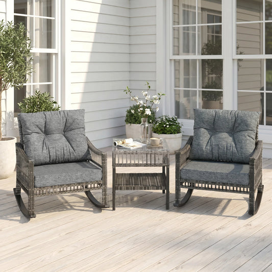 3 Piece Grey PE Rattan Outdoor Rocking Chair Set With Glass Table