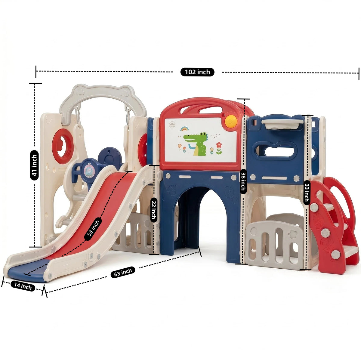 12‑in‑1 Kids Play Castle Playset Toddler Slide and Swing Set with Drawing Board Basketball Hoop HDPE Indoor Outdoor Children Playground Toy for 1‑6 Years Old
