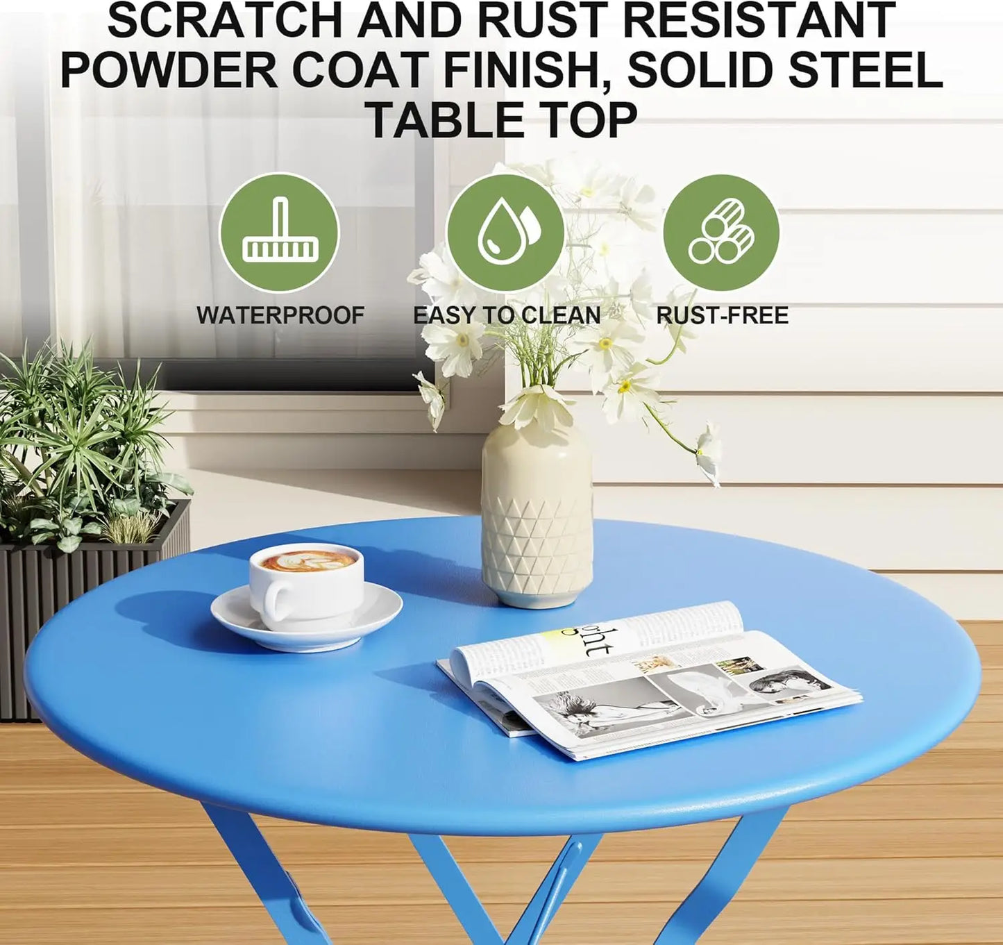 3-Piece Foldable Bistro Set, Outdoor Patio Furniture with Premium Frame, Table and 2 Chairs for Garden Balcony Blue