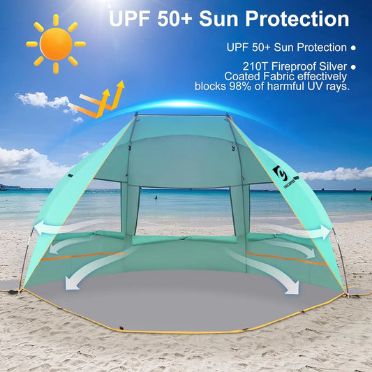 Beach Tent 3 Person UPF 50 Plus Waterproof PE Floor with 3 Mesh Roll Up Windows