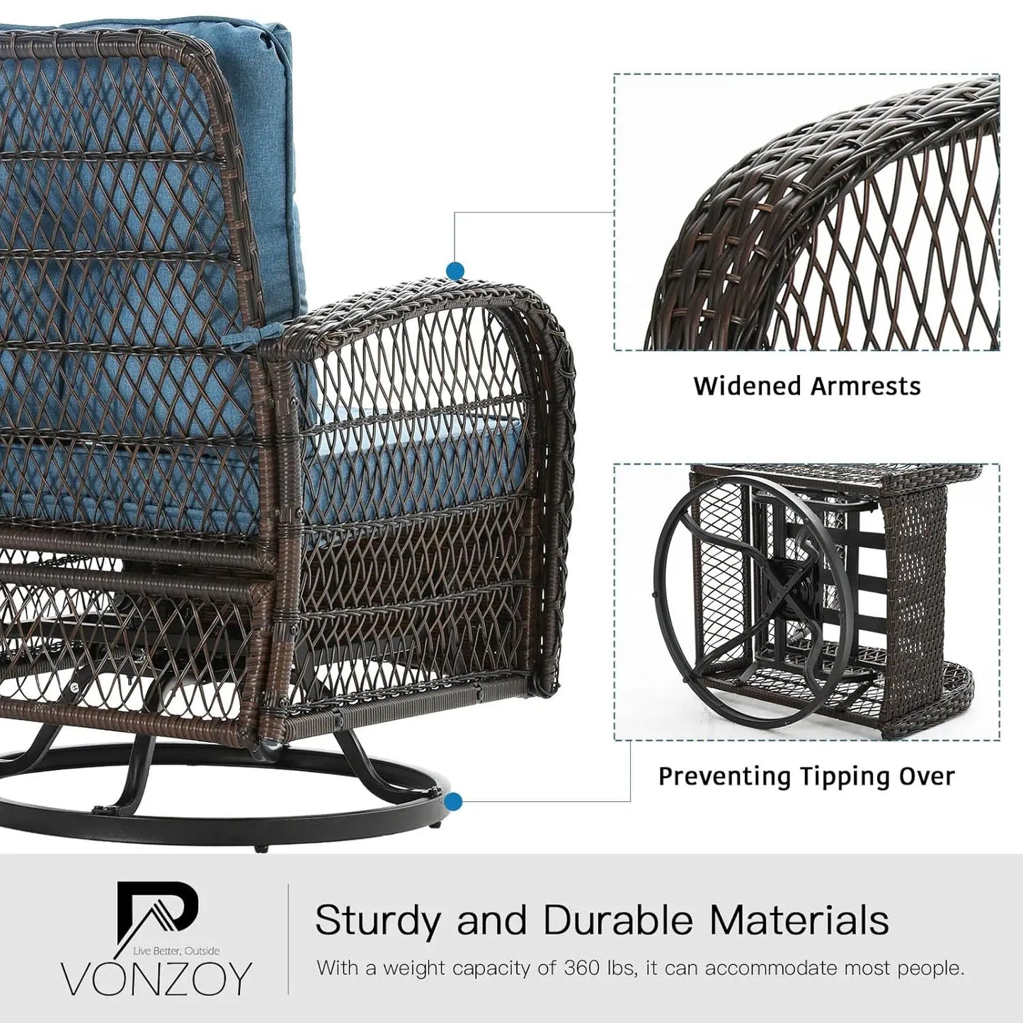 3 Piece Outdoor Patio Furniture Set Wicker Bistro Swivel Glider Rocker