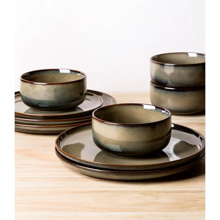 Ceramic Dinnerware Set For 8, 24 Pieces With Reactive Glaze Plates And Bowls
