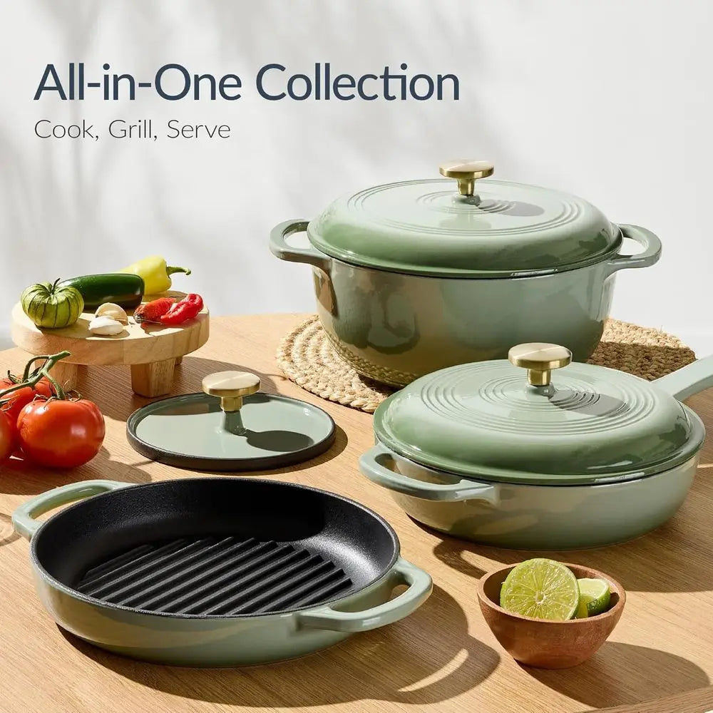 Sage Cast Iron Cookware Set With Skillet Lid 10in Grill Pan And 6Qt Dutch Oven