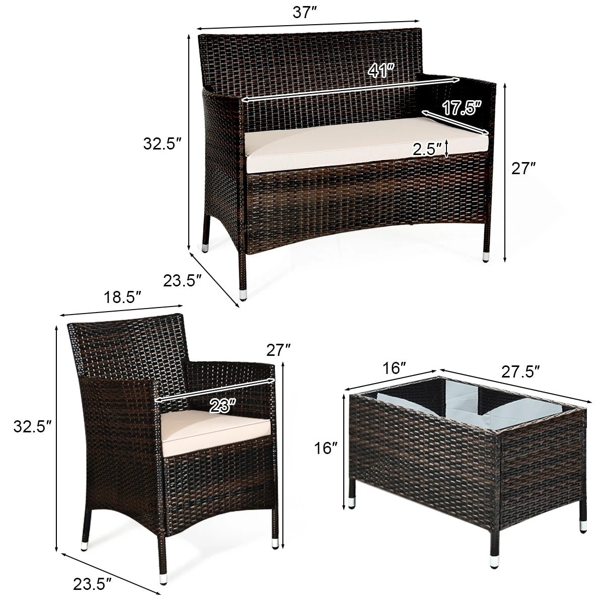 4PCS Patio Rattan Furniture Set Armrest Cushion Sofa Coffee Table withShelf Garden