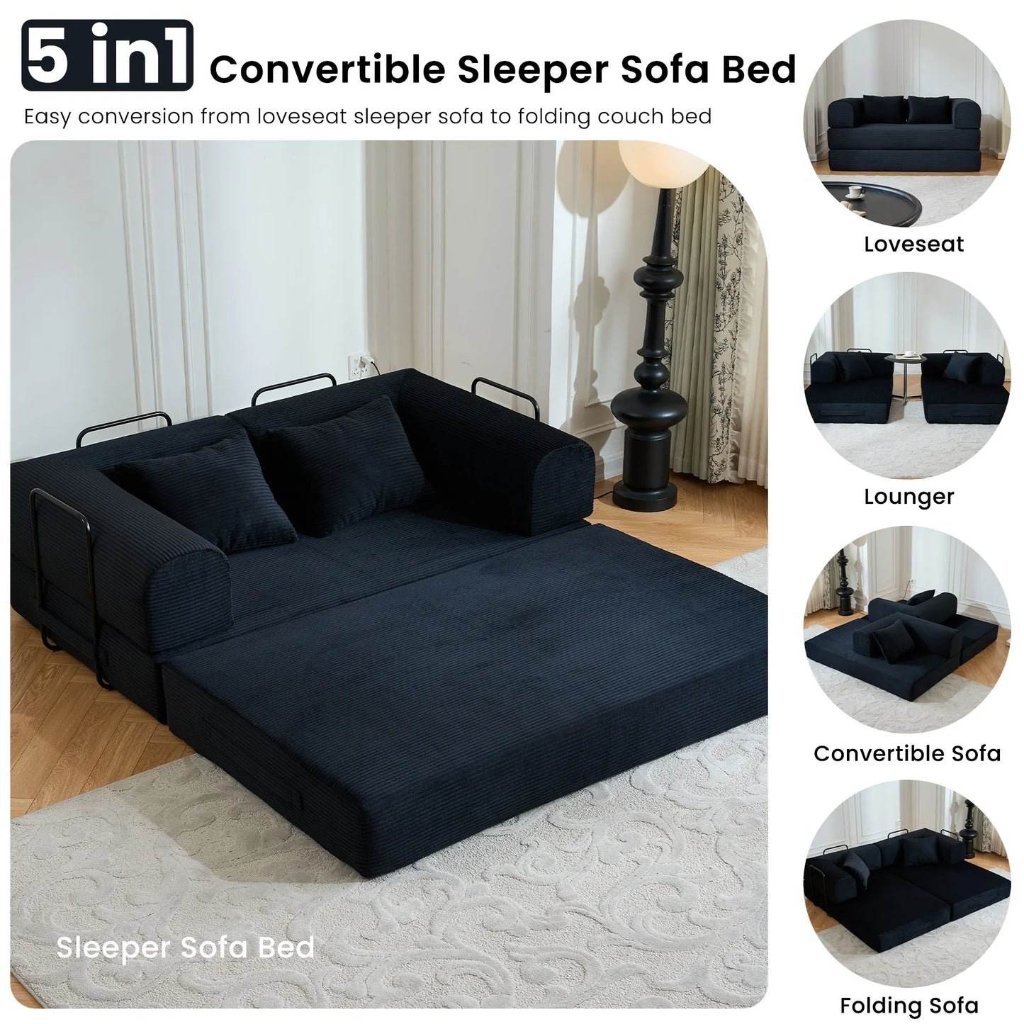 59 Boneless Foldable Sofa Bed Convertible 2 Seater Corduroy Couch Sleeper