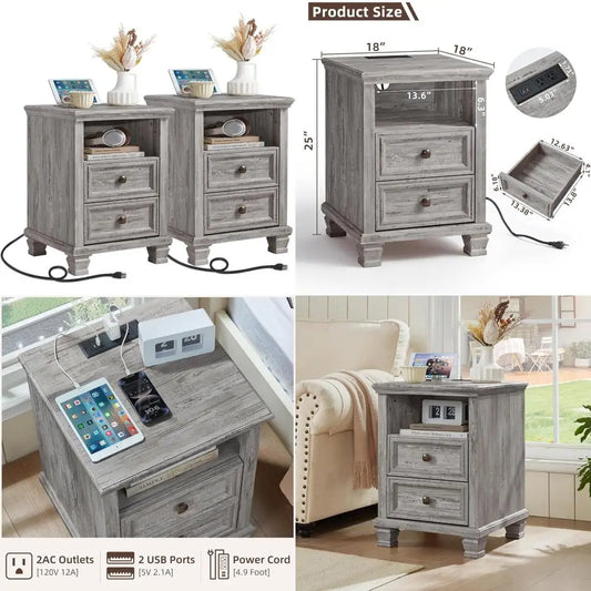 Grey Farmhouse Nightstands Set of 2 with Charging Station