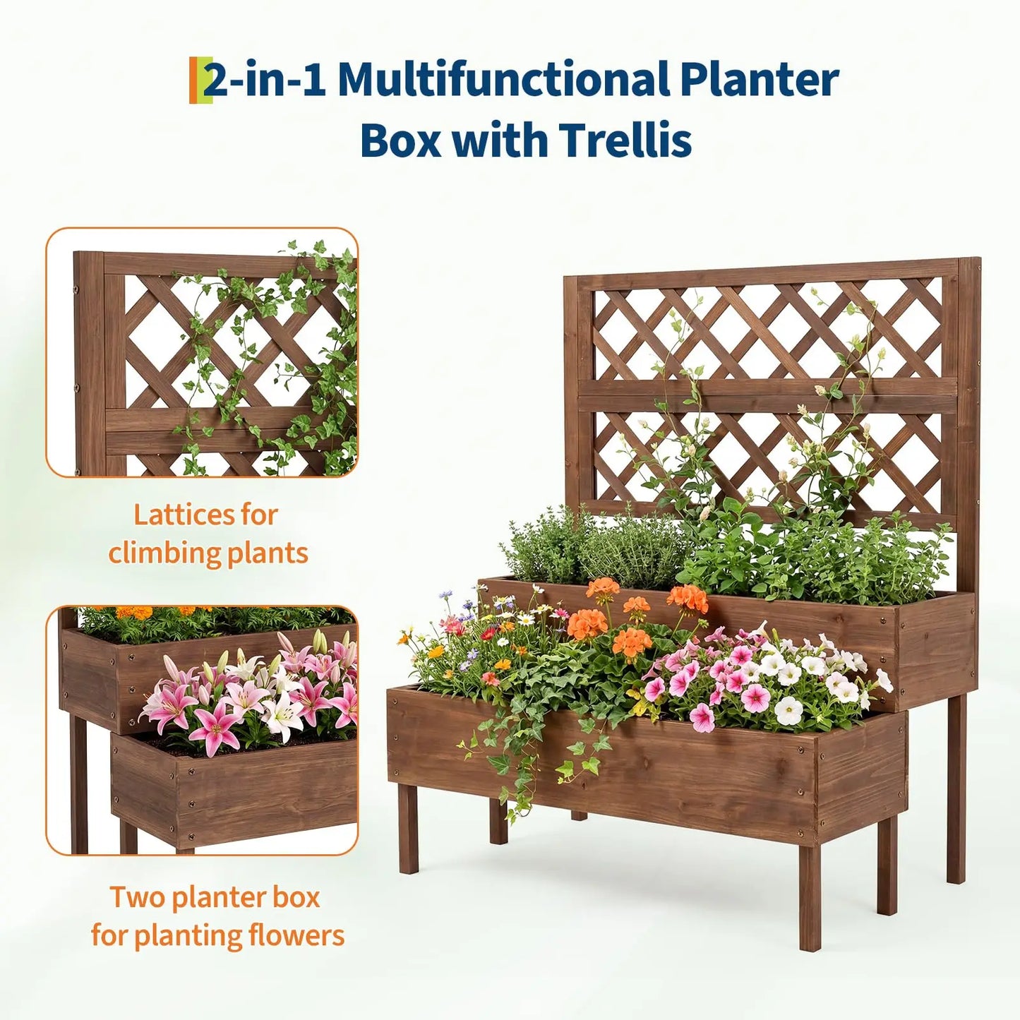 Wooden Raised Garden Bed with Trellis, 2-Tier Outdoor Elevated Planter Box with Legs & Drain Holes, Outdoor Gardening Planters