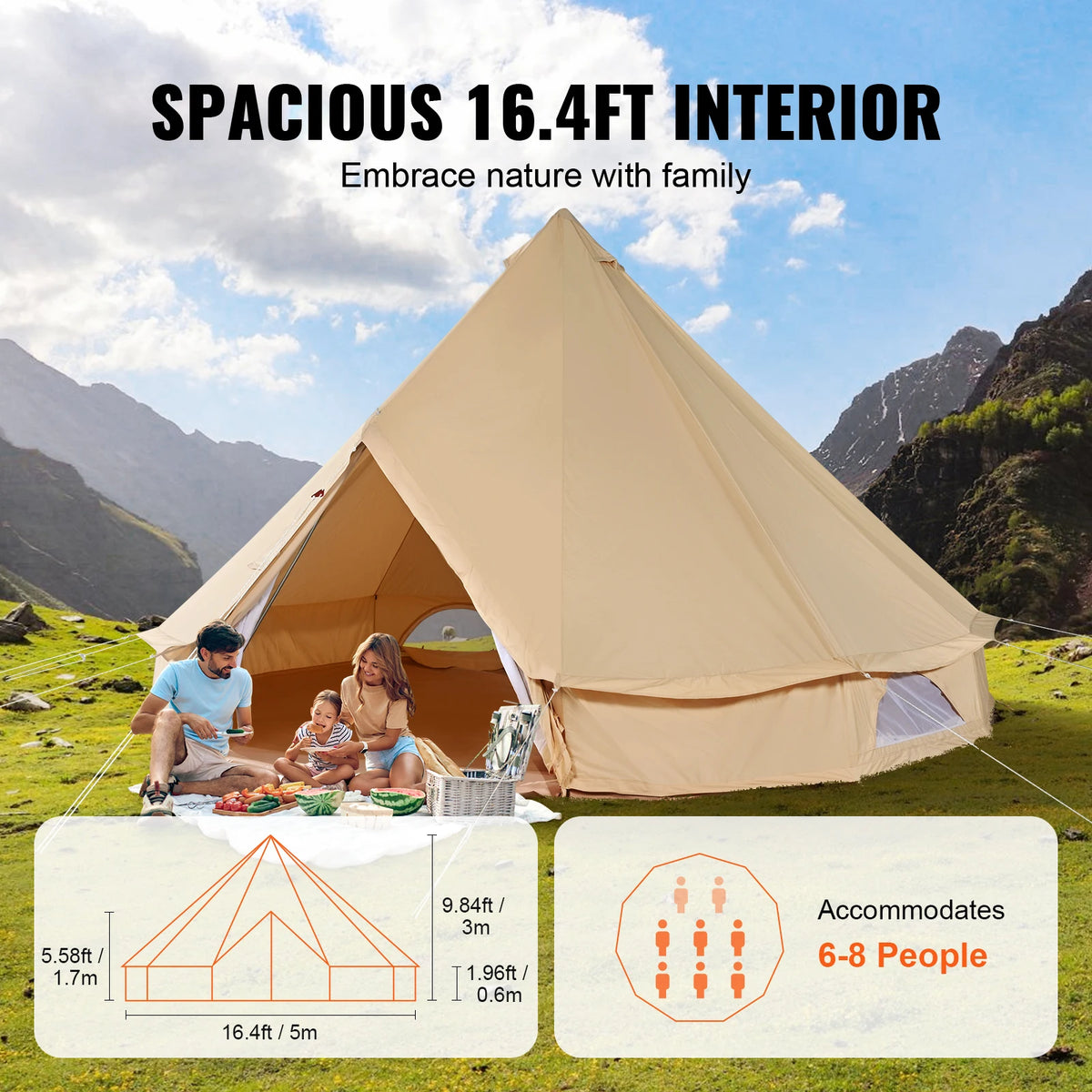 SucceBuy Canvas Bell Tent With Chimney Vent For 4 Season Camping Sleeps 8