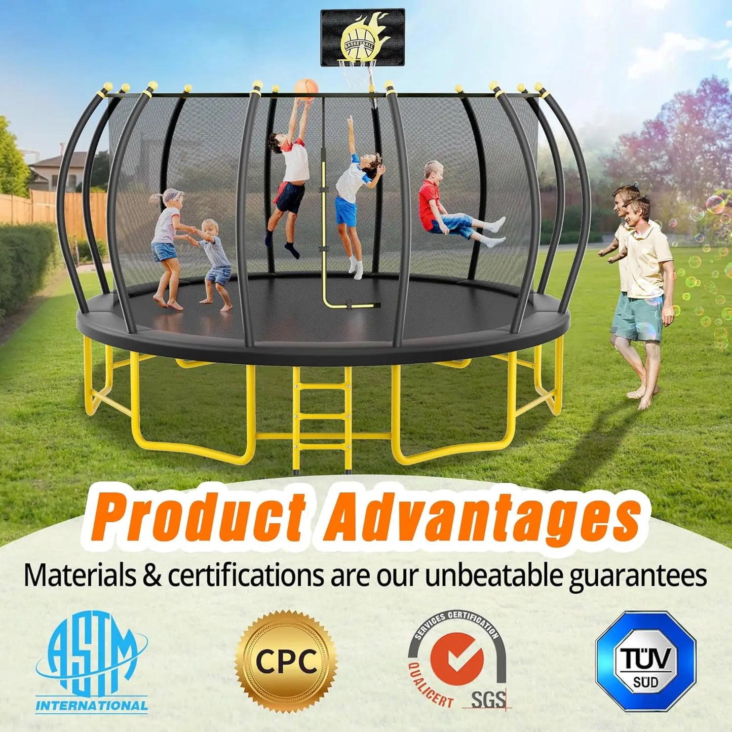 16FT Round Trampoline with Basketball Hoop for Kids Adults Outdoor Recreational Trampoline with Ladder and Safety