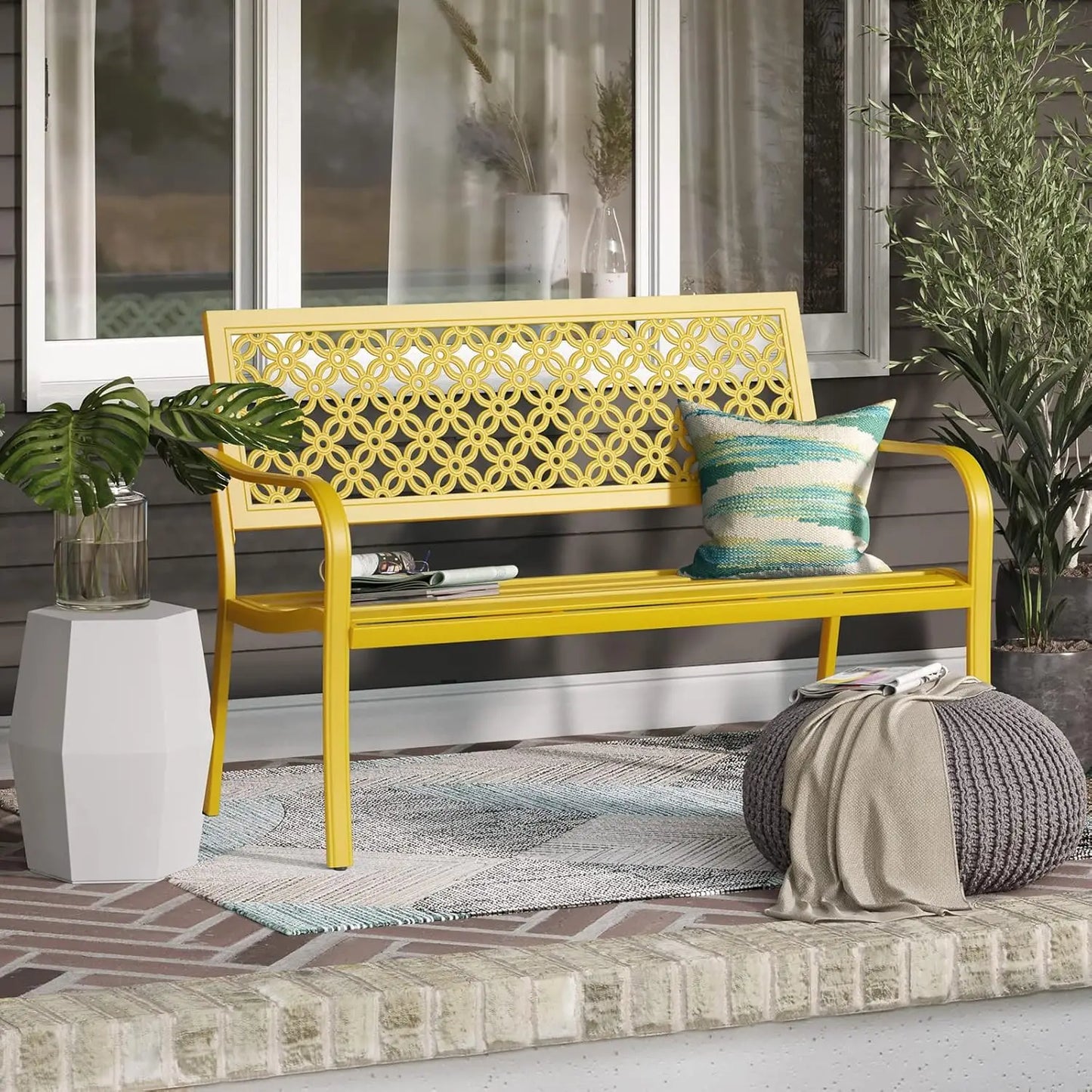 Outdoor Bench ，Powder-coat Steel Frame Garden Bench with Armrests  for Lawn Yard Porch
