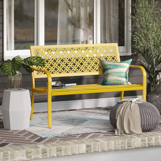 Outdoor Bench ，Powder-coat Steel Frame Garden Bench with Armrests  for Lawn Yard Porch