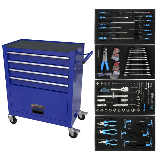 24.4 Inch Tool Cabinet Four Drawer Rolling Tool Chest With Key Lock Wheels Blue