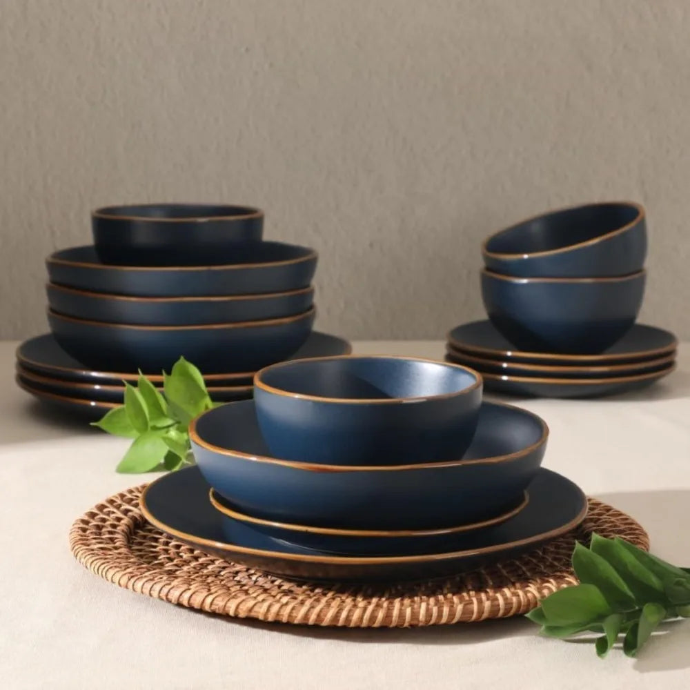 Hazeltine 16 Piece Stoneware Ceramic Dinnerware Set Navy Blue Plates And Bowls