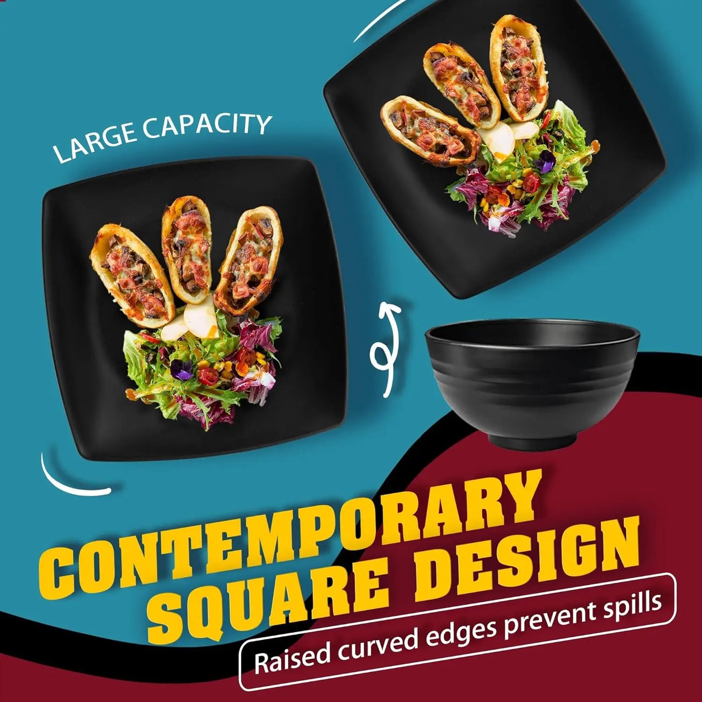 Square 40 Piece Plastic Dinnerware Set For 4 Unbreakable Dishwasher Safe Black