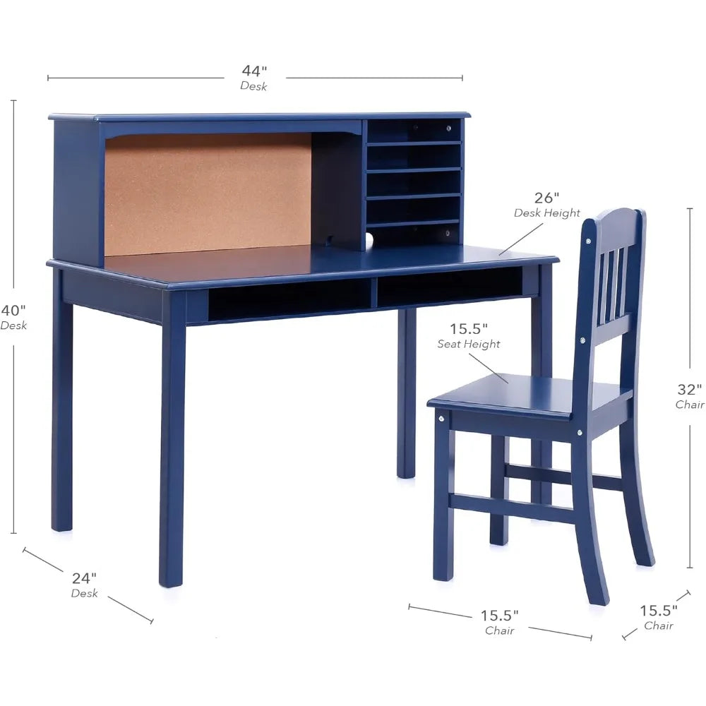 Kids Media Desk and Chair Set - Navy: Student's Workstation with Storage, Wooden Writing Table with Hutch and Shelves for Kids