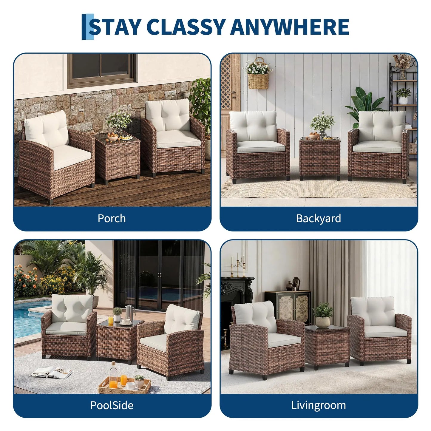 Outdoor Bistro Set 3-Piece Wicker Patio Furniture Rattan Seating With Coffee Table & Washable Cushions For Garden Backyard