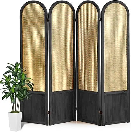 Room Divider 4 Panel, Folding Privacy Screen, Foldable Wood Divider Room Dec, Rattan Room Divider, Portable Partition Screen, Wa