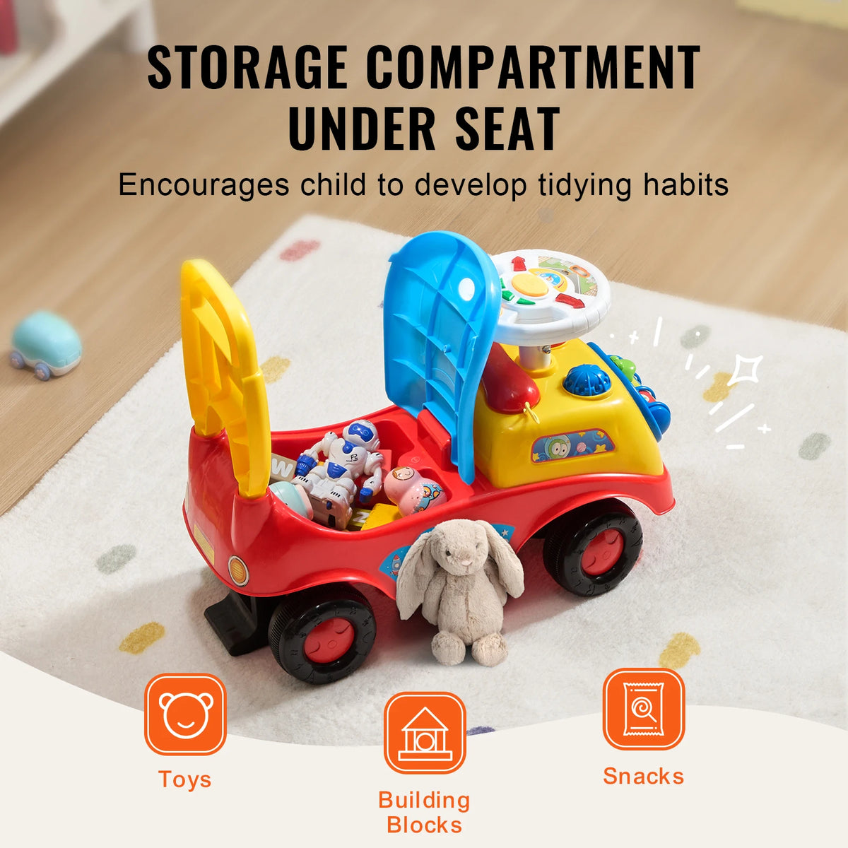 Toddler Ride On Push Car Music Steering Wheel Sit To Stand Kids Storage 0 To 3Y