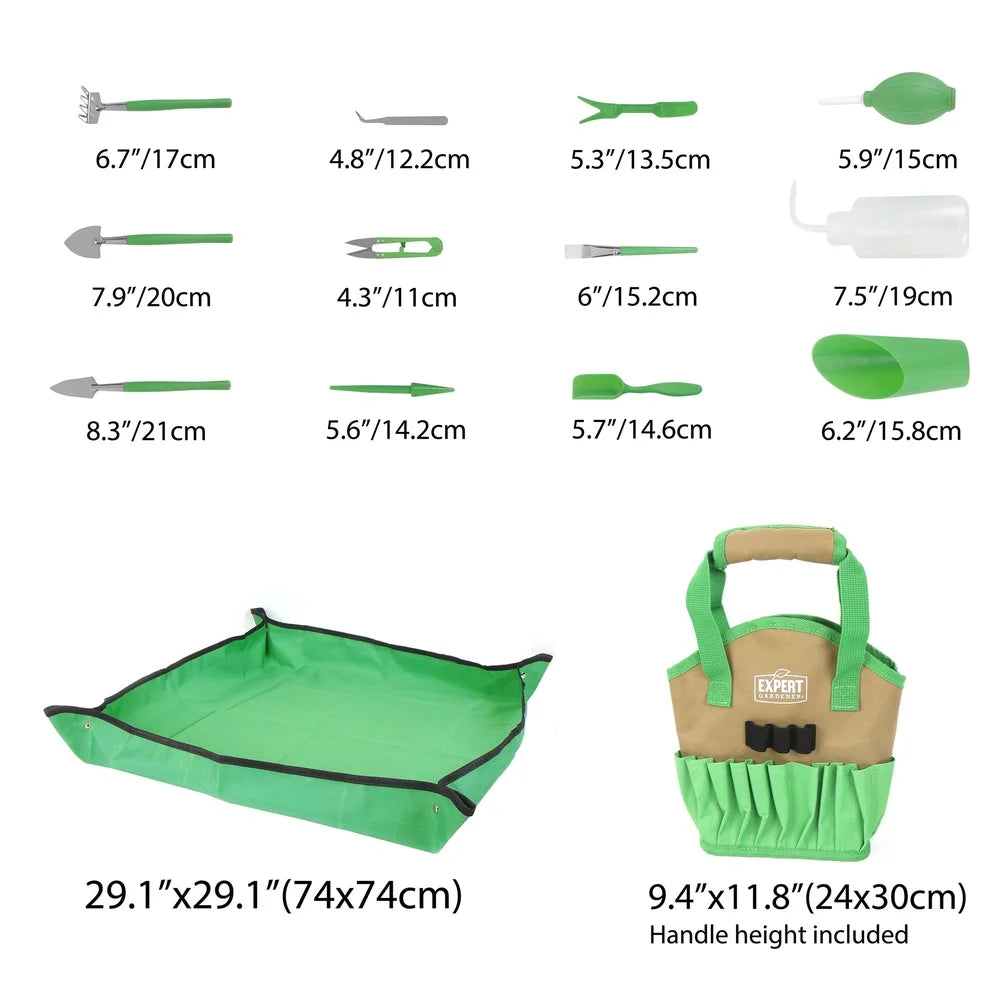 14 Piece Indoor Gardening Tool Set Stainless Steel Durable Tools Watering Bottle Tarp Mat Carrying Bag Perfect Plant Care