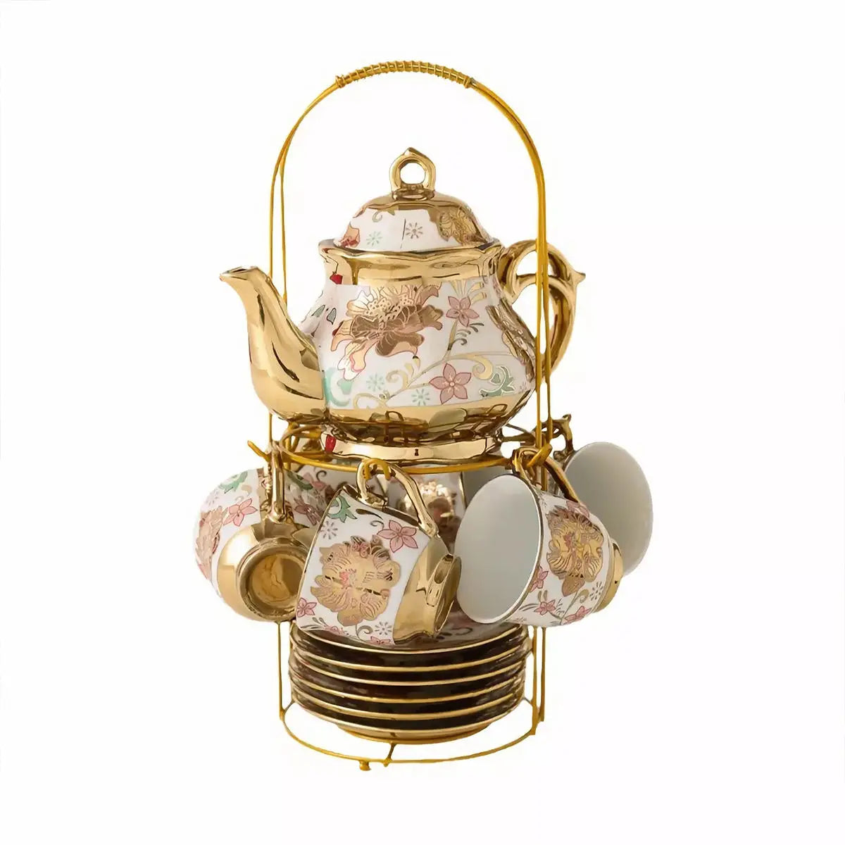 20PCS Ceramic Tea Set with Teapot Espresso Cups Saucers Spoons Display Rack Floral Gold Coffee Service Gift for Wedding Home