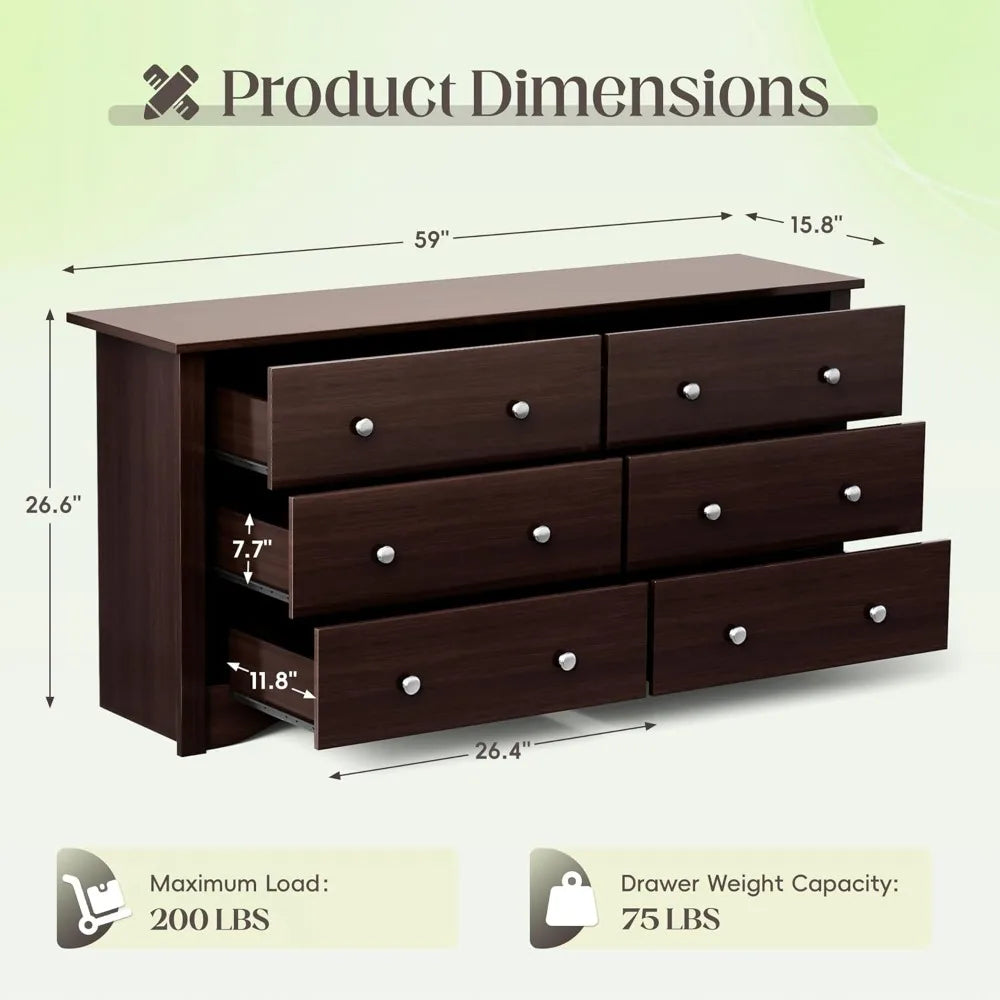 JUMMICO 6 Drawer Dresser For Bedroom Modern Wood Storage Chest