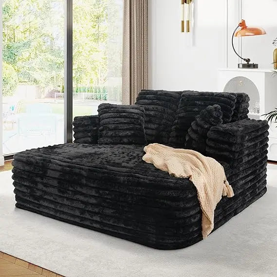 56"W Oversized Chaise Lounge Chair Indoor,Plush Faux Fur Sleeper Sofa Couch Bed with Pillows&Wide Armrest,Fluffy Comfy Cloud Sof
