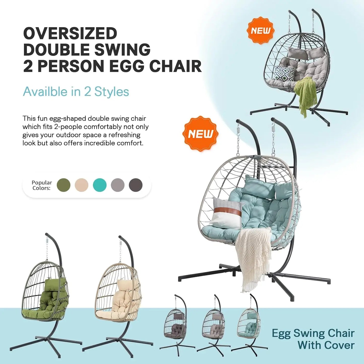 2 Person Double Wicker Rattan Egg Swing Chair With Stand Cushions And Pillow