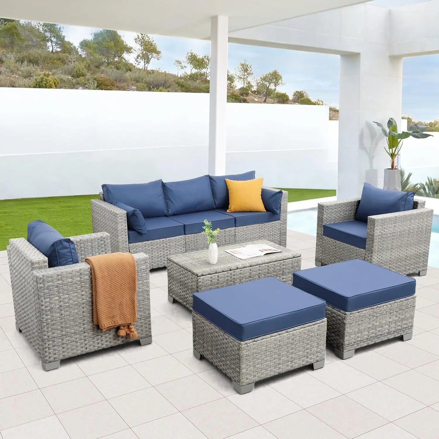 Patio Furniture Set 6 Piece Outdoor Patio Set Wicker Balcony Furniture Conversation Sets PE Rattan Couch Sofa with Coffee Table